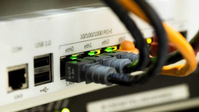 Ethernet cables and network connections on a router.