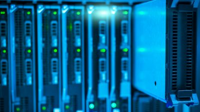 Detailed view of a server rack with a focus on technology and data storage.