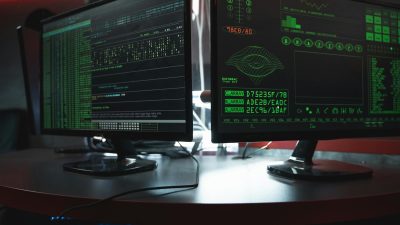 Close-up of dual computer monitors with green coding interfaces in a dark room, highlighting cyber security themes.