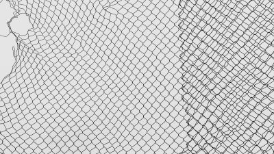 A close-up view of a torn, black safety net with intricate patterning against a white background.
